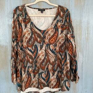 TRIBAL BRAND BROWN AND TEAL TEE SHIRT TOP EUC SZ L